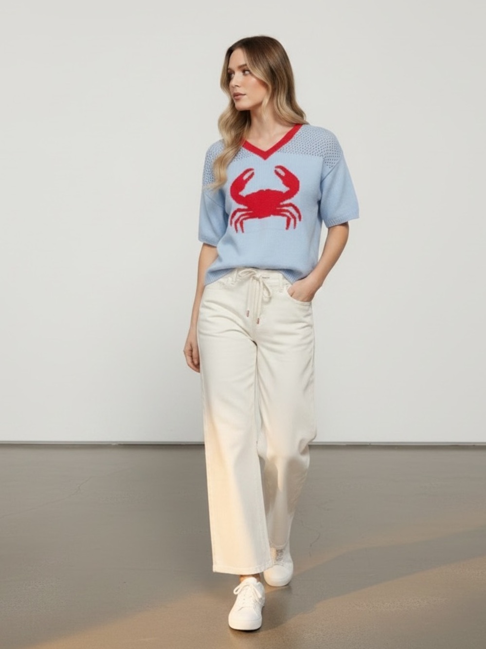Light Blue Crab Intarsia V-Neck Knit Top - Picture 6 of 8